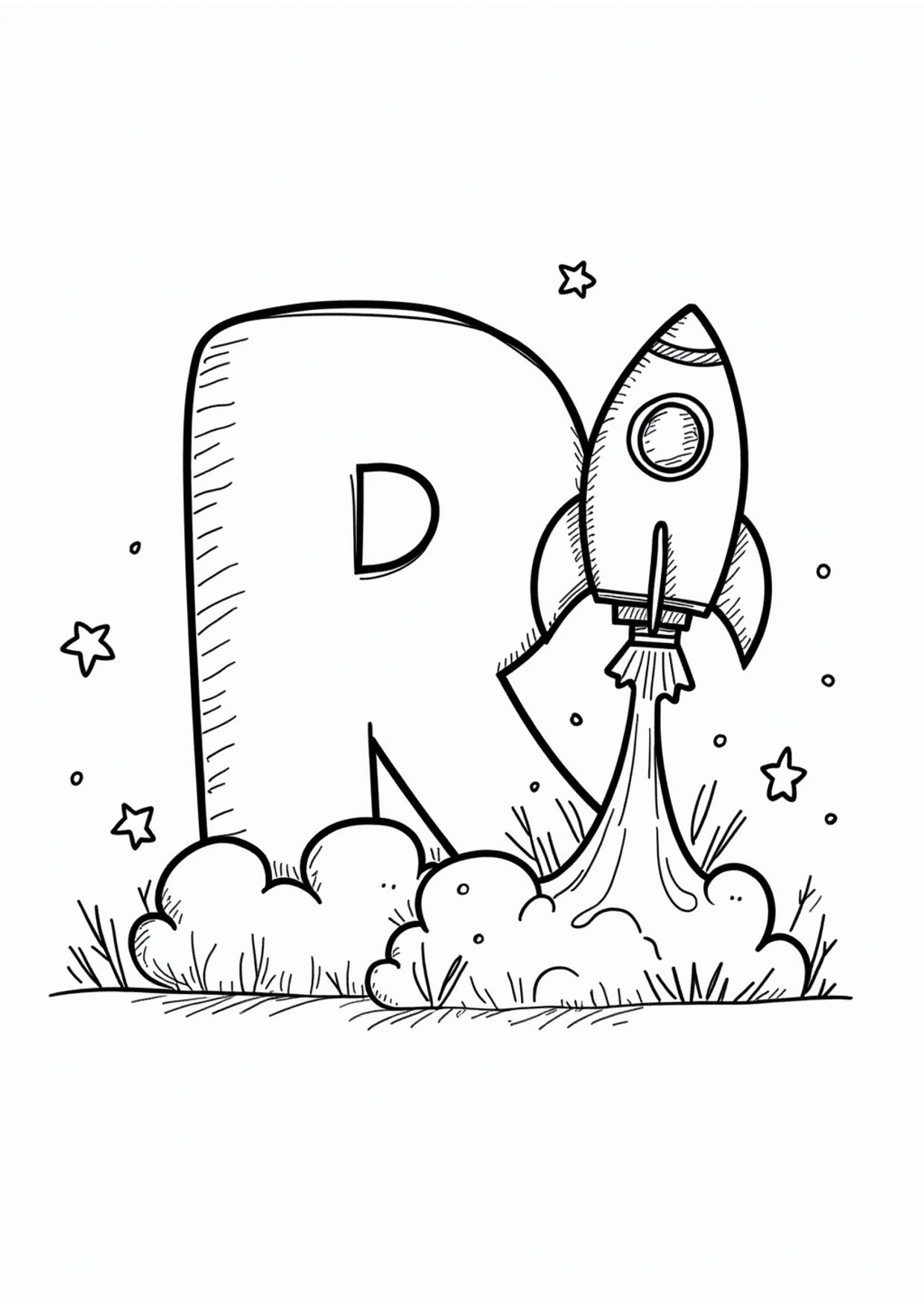 Ausmalbild Ausmalbild Buchstabe R wie Rakete, kostenlos zum Ausdrucken