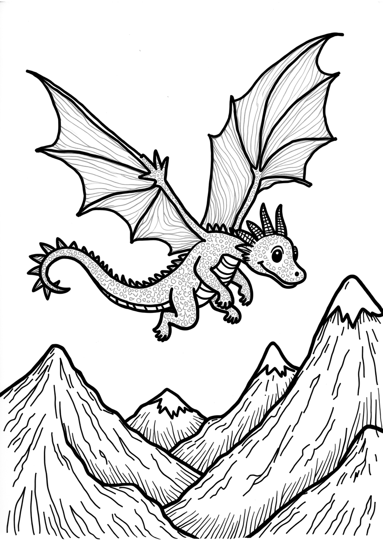 Ausmalbild Ausmalbild Drache über dem Gebirge, kostenlos zum Ausdrucken