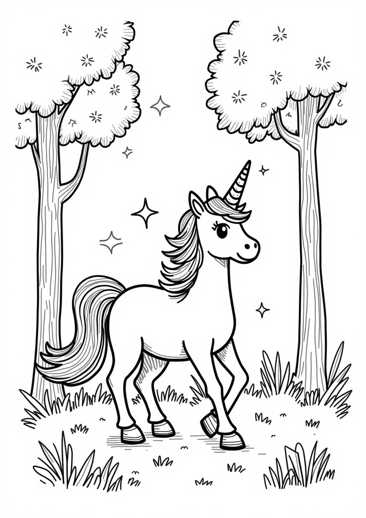 Ausmalbild Ausmalbild Einhorn im Zauberwald, kostenlos zum Ausdrucken