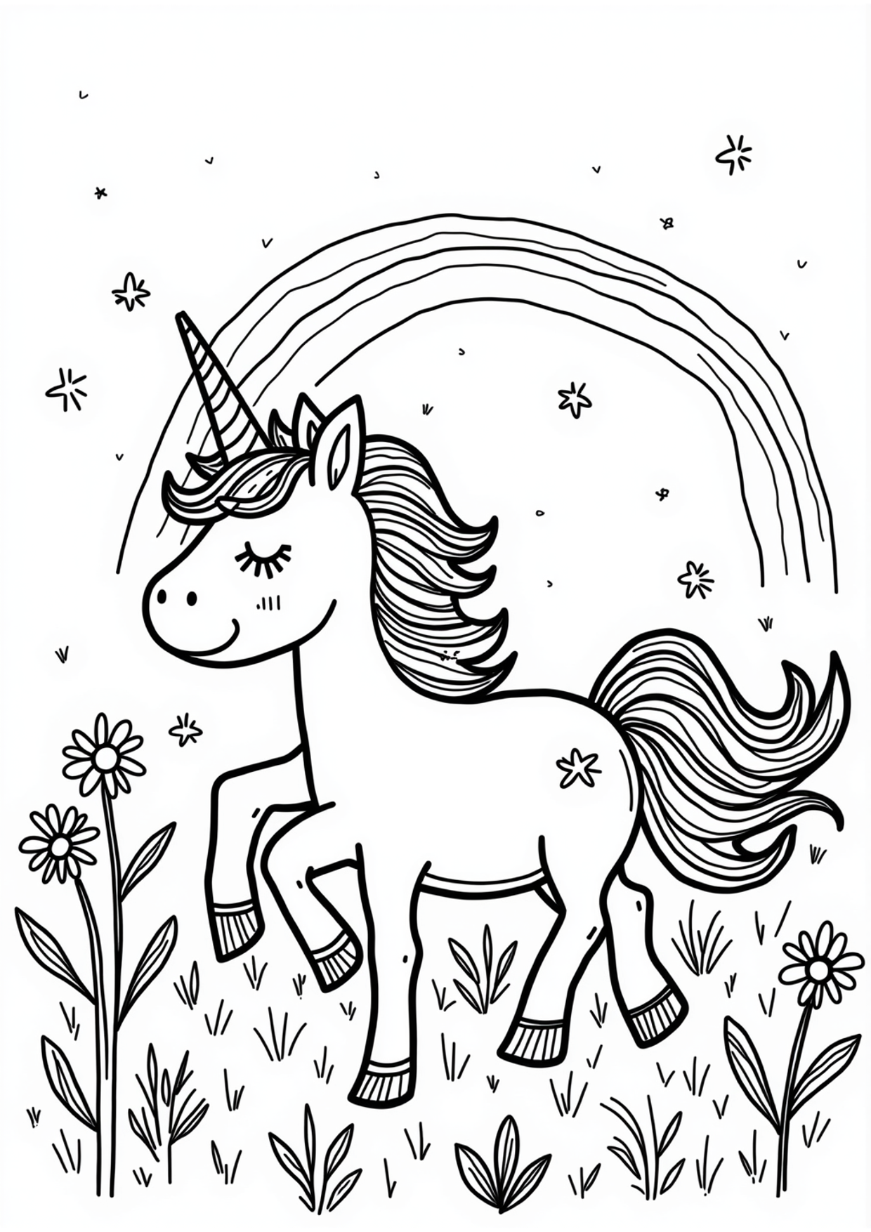 Ausmalbild Einhorn auf der Wiese, kostenlos zum Ausdrucken
