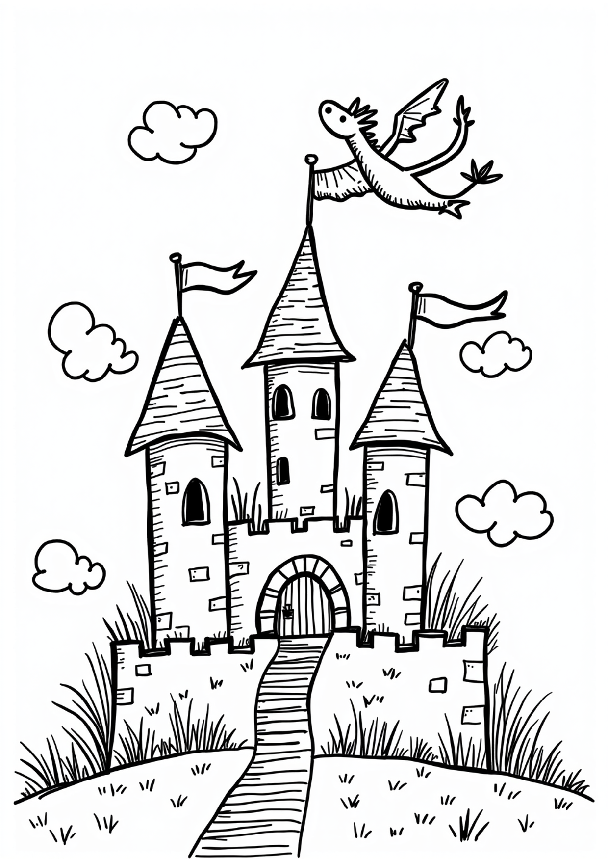 Ausmalbild Fantasieschloss mit Drachen, kostenlos zum Ausdrucken