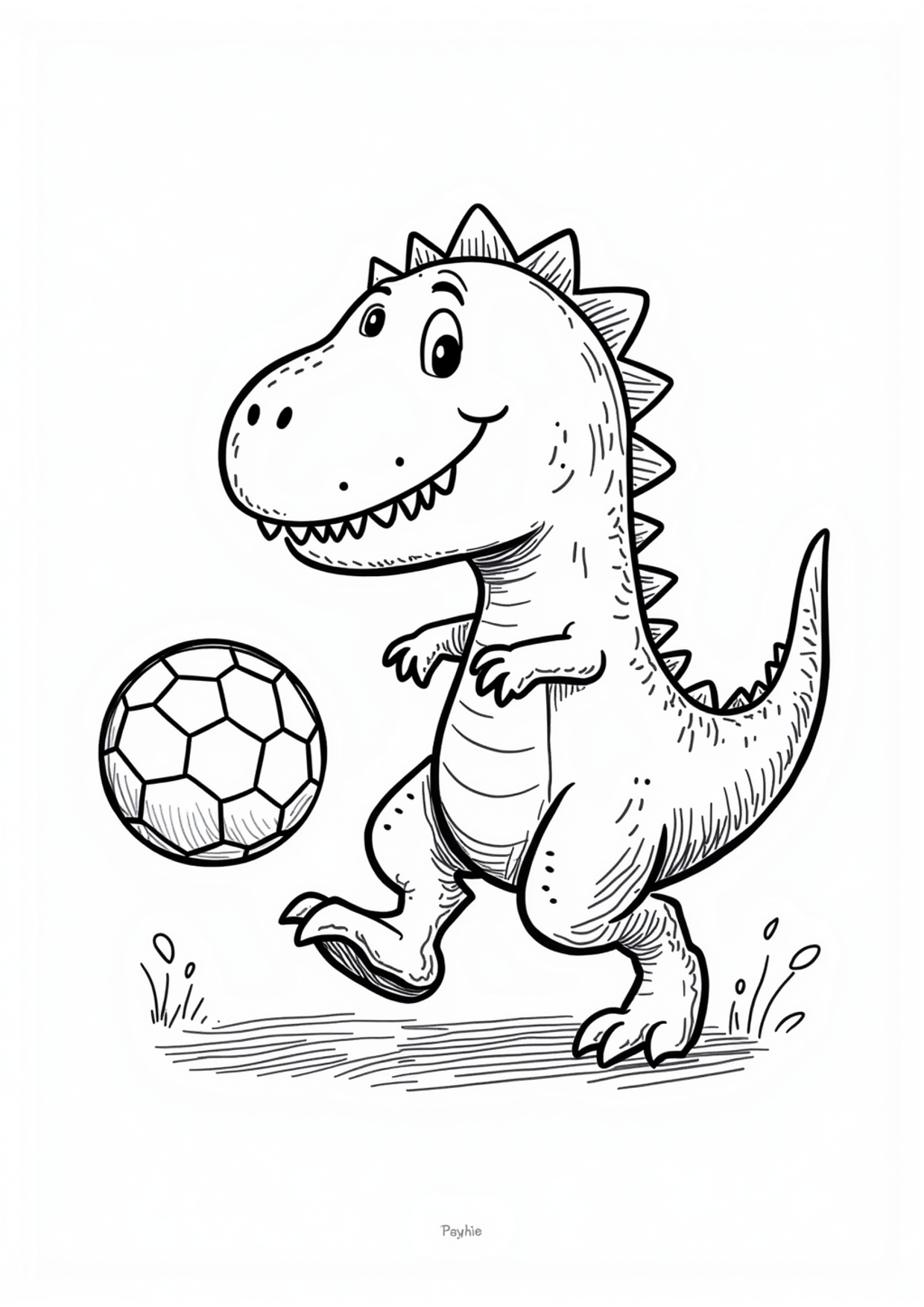 Ausmalbild T-Rex spielt Fußball, kostenlos zum Ausdrucken