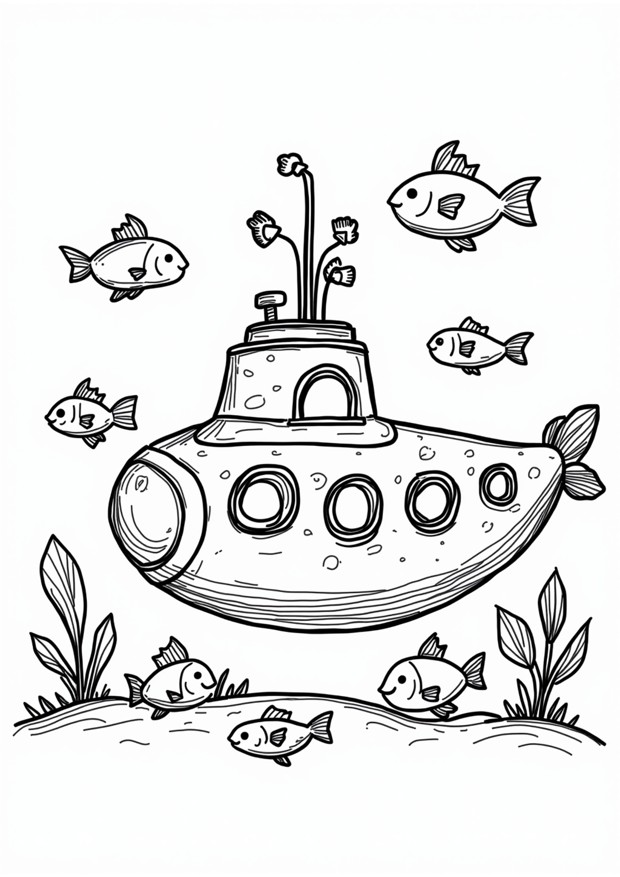 Ausmalbild U-Boot unter Wasser, kostenlos zum Ausdrucken