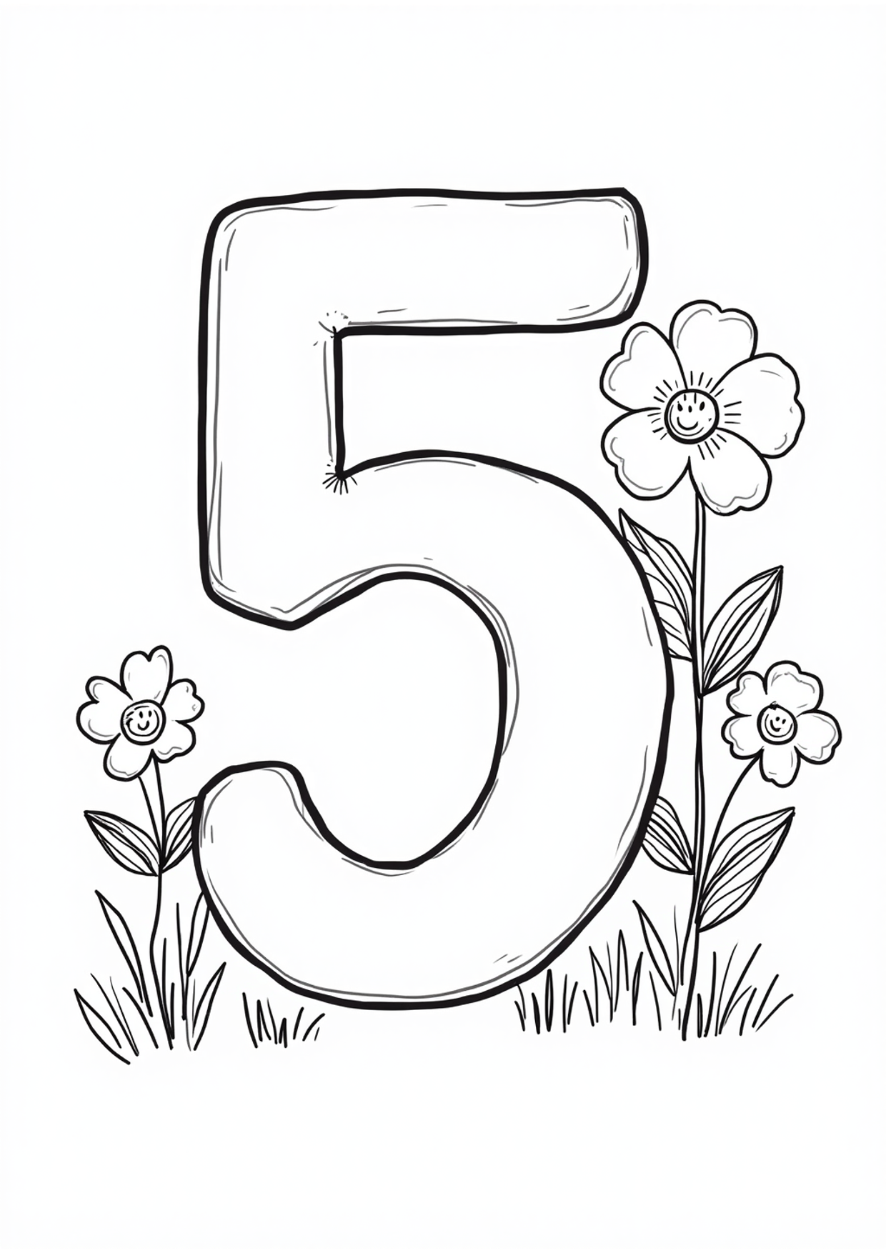 Ausmalbild Ausmalbild Zahl 5 mit Blume, kostenlos zum Ausdrucken