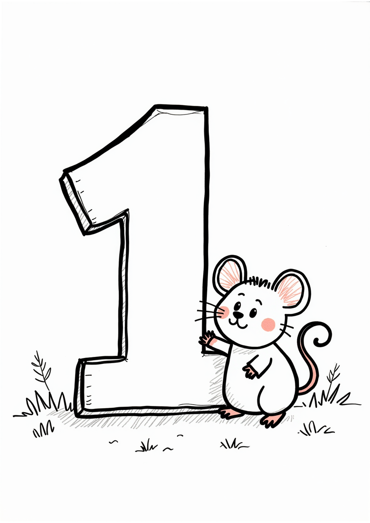 Ausmalbild Ausmalbild Zahl 1 mit Maus, kostenlos zum Ausdrucken