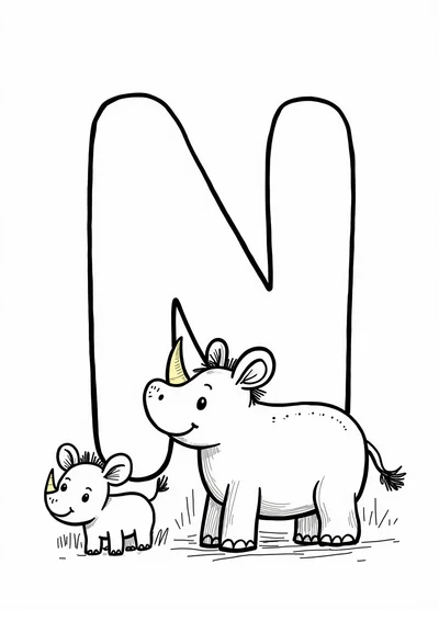 Ausmalbild Buchstabe N wie Nashorn, Ausmalbild zum kostenlosen Ausdrucken