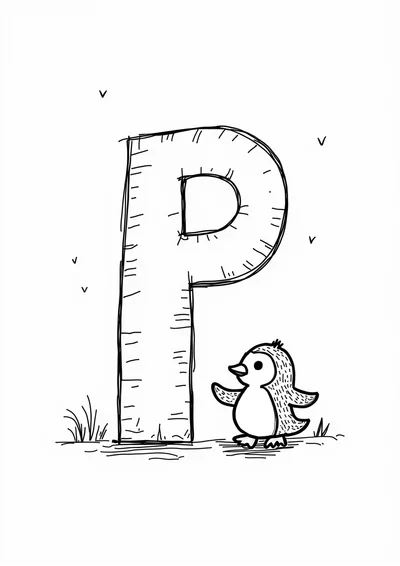 Ausmalbild Buchstabe P wie Pinguin, Ausmalbild zum kostenlosen Ausdrucken