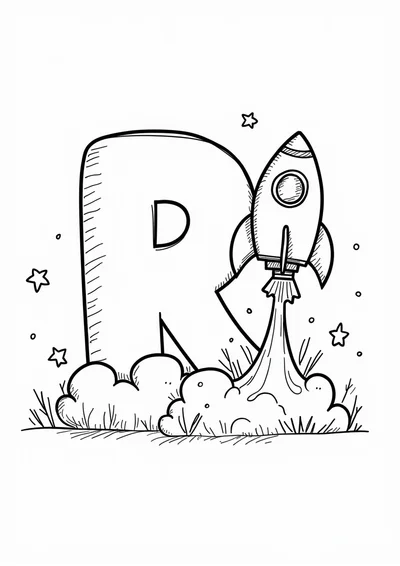 Ausmalbild Buchstabe R wie Rakete, Ausmalbild zum kostenlosen Ausdrucken