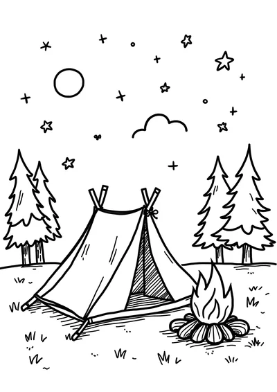 Camping unter dem Sternenhimmel, Ausmalbild zum kostenlosen Ausdrucken