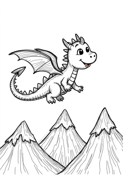Drache in den Bergen, Ausmalbild zum kostenlosen Ausdrucken