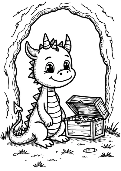 Ausmalbild Drache bewacht eine Schatzkiste, Ausmalbild zum kostenlosen Ausdrucken