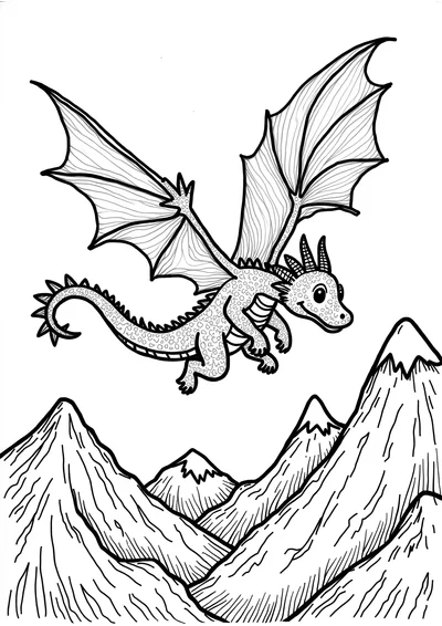 Ausmalbild Drache über dem Gebirge, Ausmalbild zum kostenlosen Ausdrucken