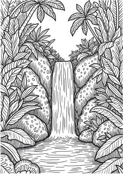 Dschungelwasserfall, Ausmalbild zum kostenlosen Ausdrucken