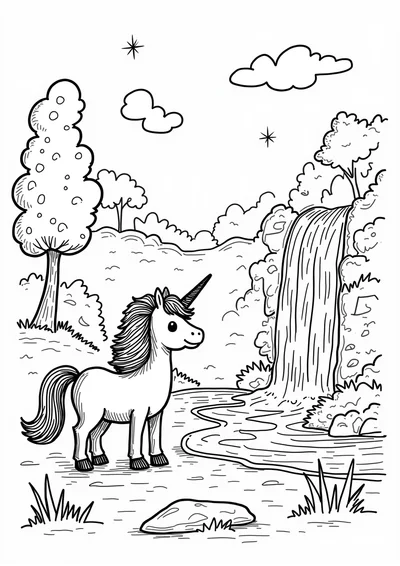 Ausmalbild Einhorn am Wasserfall, Ausmalbild zum kostenlosen Ausdrucken