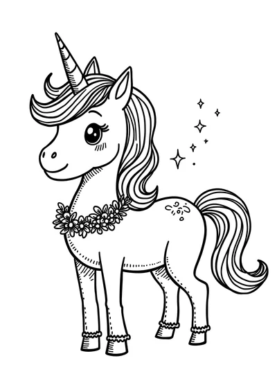 Einhorn mit Blumengirlande, Ausmalbild zum kostenlosen Ausdrucken
