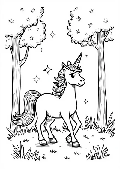 Ausmalbild Einhorn im Zauberwald, Ausmalbild zum kostenlosen Ausdrucken