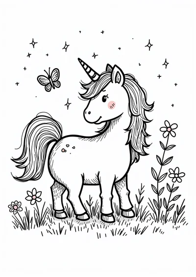Ausmalbild Einhorn mit Schmetterling, Ausmalbild zum kostenlosen Ausdrucken