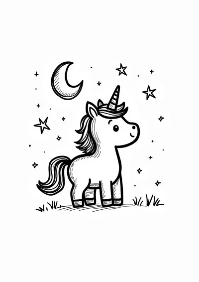 Ausmalbild Einhorn mit Stern und Mond, Ausmalbild zum kostenlosen Ausdrucken