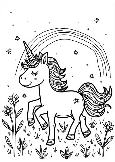 Einhorn auf der Wiese, Ausmalbild zum kostenlosen Ausdrucken