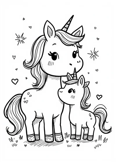 Ausmalbild Einhornbaby mit Mama, Ausmalbild zum kostenlosen Ausdrucken