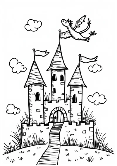 Fantasieschloss mit Drachen, Ausmalbild zum kostenlosen Ausdrucken