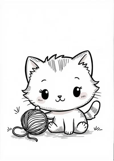 Katze mit Wollknäuel, Ausmalbild zum kostenlosen Ausdrucken