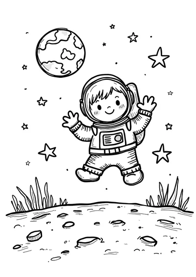 Kleiner Astronaut auf dem Mond, Ausmalbild zum kostenlosen Ausdrucken
