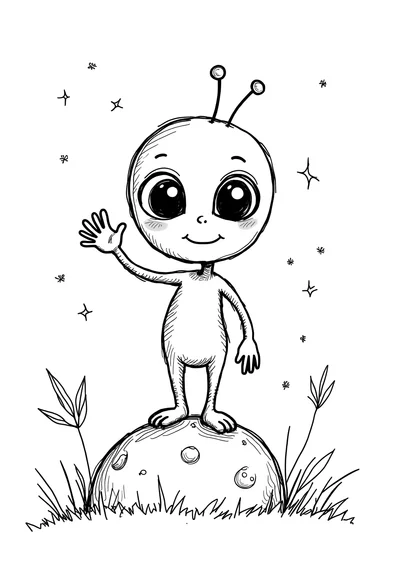 Lustiger Alien auf seinem Planeten, Ausmalbild zum kostenlosen Ausdrucken