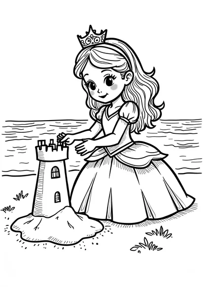 Prinzessin baut Sandburgen, Ausmalbild zum kostenlosen Ausdrucken