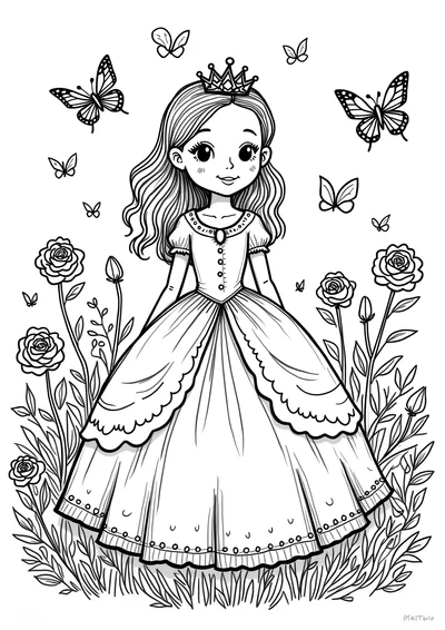Prinzessin im Sommergarten, Ausmalbild zum kostenlosen Ausdrucken