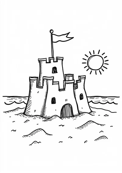 Ausmalbild Sandburg am Strand, Ausmalbild zum kostenlosen Ausdrucken