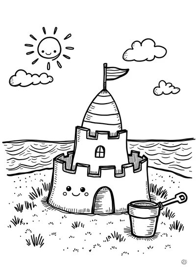 Sandburg am Sommerstrand, Ausmalbild zum kostenlosen Ausdrucken