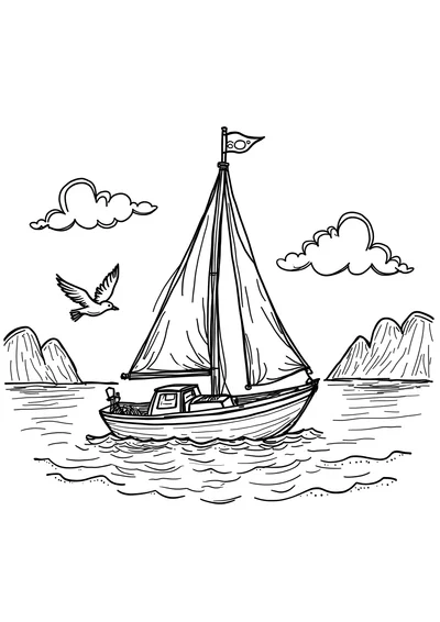 Segelboot in der Sommerbucht, Ausmalbild zum kostenlosen Ausdrucken