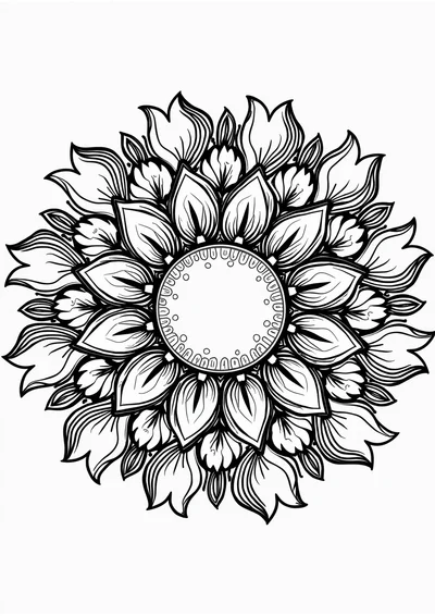 Sommer-Mandala mit Blüten und Sonne, Ausmalbild zum kostenlosen Ausdrucken