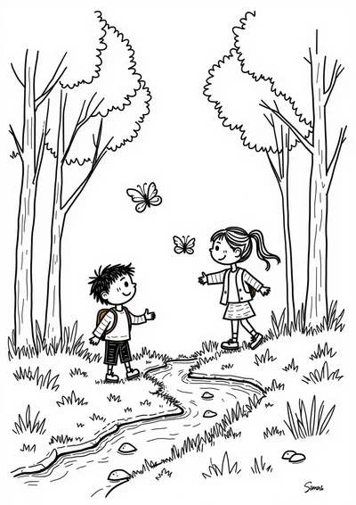 Sommer im Wald, Ausmalbild zum kostenlosen Ausdrucken
