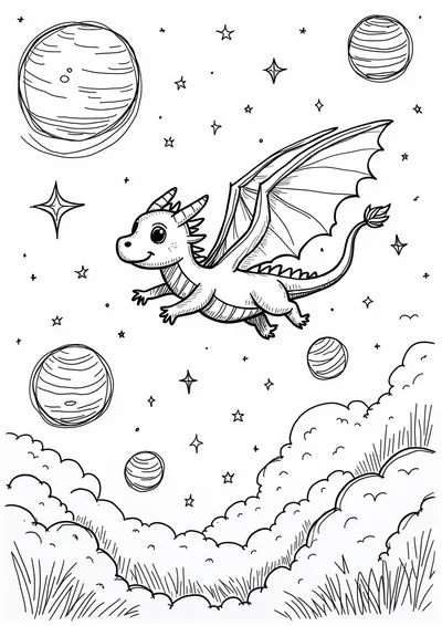 Drache im Weltall, Ausmalbild zum kostenlosen Ausdrucken