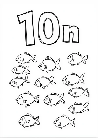 Ausmalbild Zahl 10 mit Fischen, Ausmalbild zum kostenlosen Ausdrucken