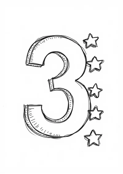 Ausmalbild Zahl 3 mit Stern, Ausmalbild zum kostenlosen Ausdrucken